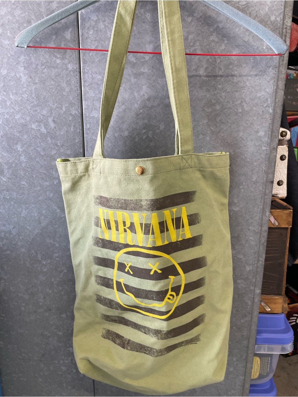 Official Vintage 2016 Nirvana Smiley Face Canvas Tote Bag Olive Green Striped